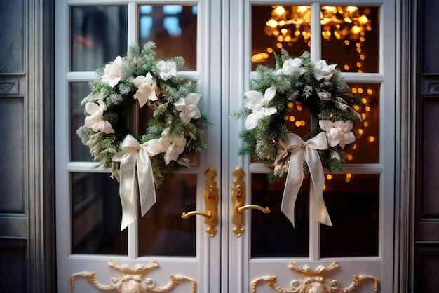 Coronas de Navidad en las puertas de la casa.