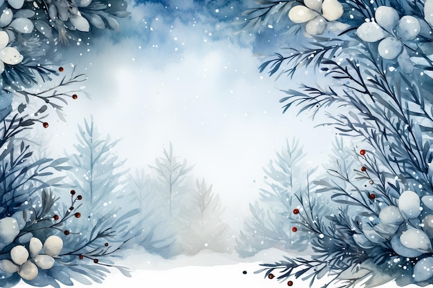 Coronas de vacaciones de invierno ilustraciones en acuarela en fondo nevado con espacio vacío para texto