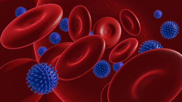 Coronavirus 2019-nCov y glóbulos rojos representación 3D.