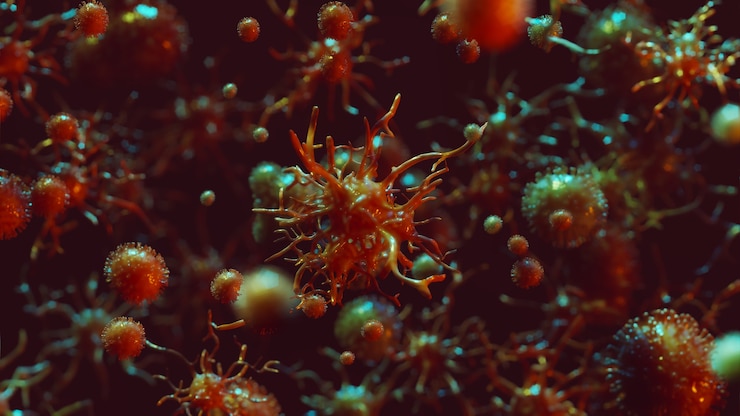 Foto coronavirus, bacterias o células de virus en primer plano en el torrente sanguíneo. crisis pandémica mundial y aplastamiento del sistema sanitario. representación 3d