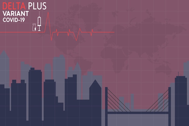 Coronavirus delta mais estilo simples variante, conceito de vacinação, injeção, ilustração da cidade