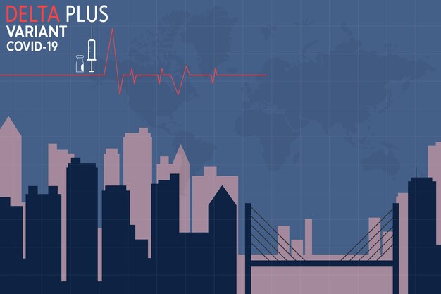 Coronavirus delta plus estilo plano variante, concepto de vacunación, inyección, ilustración de la ciudad