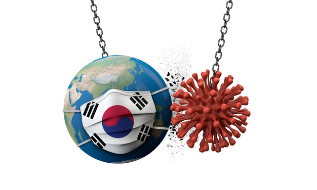 Coronavirus esmagando o mundo usando uma máscara facial da coreia do sul d render