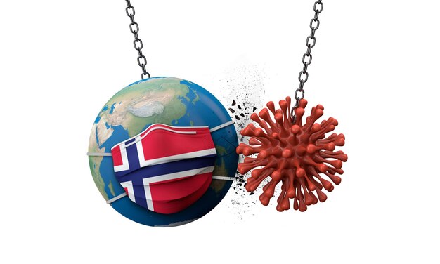 Coronavirus esmagando o mundo usando uma máscara facial da noruega d render