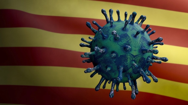 Coronavírus flutuando sobre bandeira independente da Catalunha