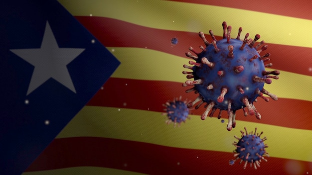 Coronavírus flutuando sobre bandeira independente da Catalunha