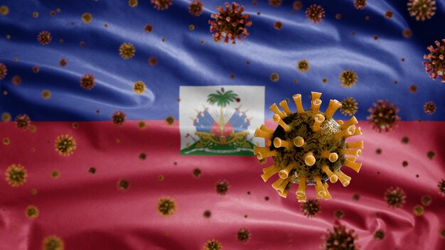 Coronavirus gripal flotando sobre bandera haitiana, patógeno que ataca el tracto respiratorio