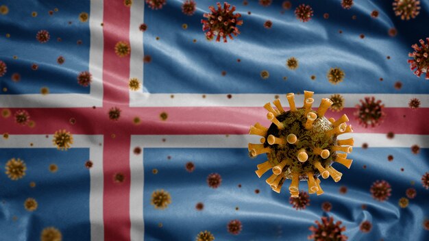 Foto el coronavirus de la gripe flota sobre la bandera islandesa, un patógeno que ataca el tracto respiratorio