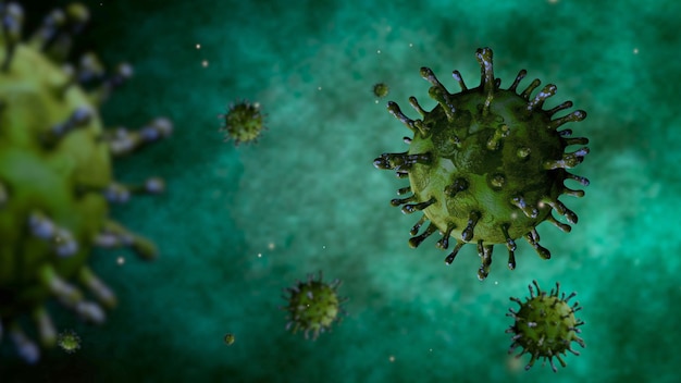 coronavirus de la gripe flotando en vista microscópica fluida