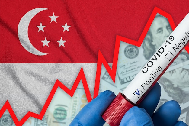 Coronavirus in Singapur. Positiver Bluttest auf Flaggenhintergrund. Zunahme der Inzidenz. Wirtschaftskrise.