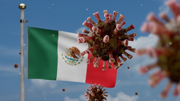 Foto el coronavirus de la influenza flota sobre la bandera mexicana