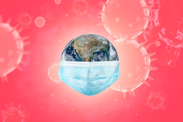 Coronavirus Influenza-Konzept COVID-19 3D-Rendering. Erde mit Gesichtsmaske schützen Weltmedizin. (Weltelementbild von nasa)
