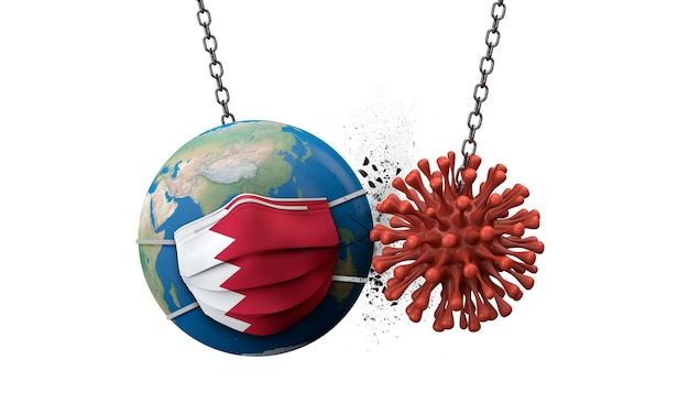 Coronavirus irrumpiendo en el mundo con una máscara facial de bahrein d render