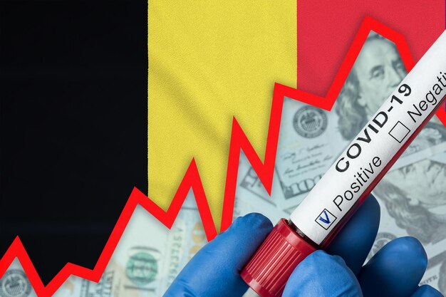 Coronavírus na Bélgica Exame de sangue positivo no fundo da bandeira Aumento na incidência Crise econômica