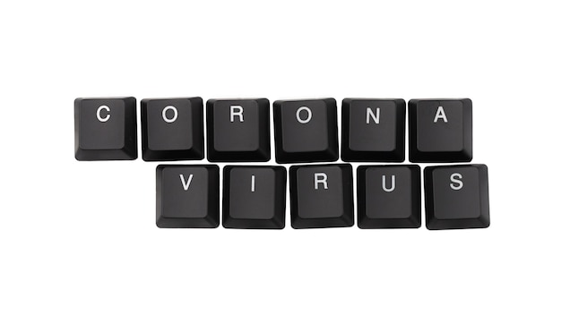Coronavirus palabra escrita en el teclado. Aislado en blanco. Vista superior.