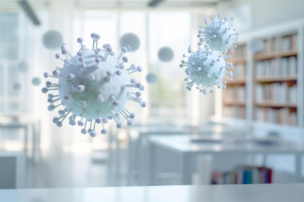 el coronavirus se propaga en el aire en el fondo de estilo bokeh de la habitación blanca