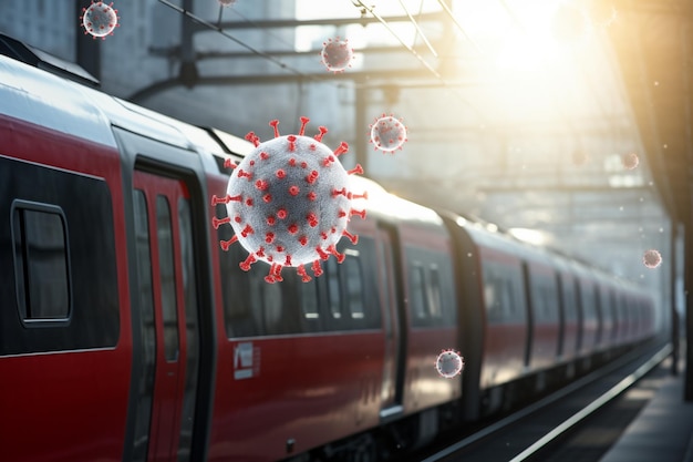 el coronavirus se propaga en el aire en un fondo de estilo bokeh del metro