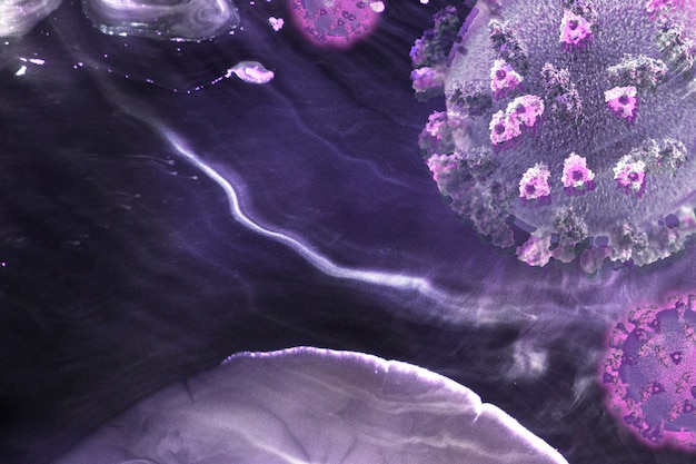 Coronavírus sob um microscópio em uma ilustração de fundo roxo