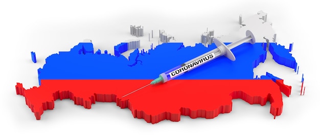 Coronavirus-Spritze auf russischer Karte. 3D-Rendering