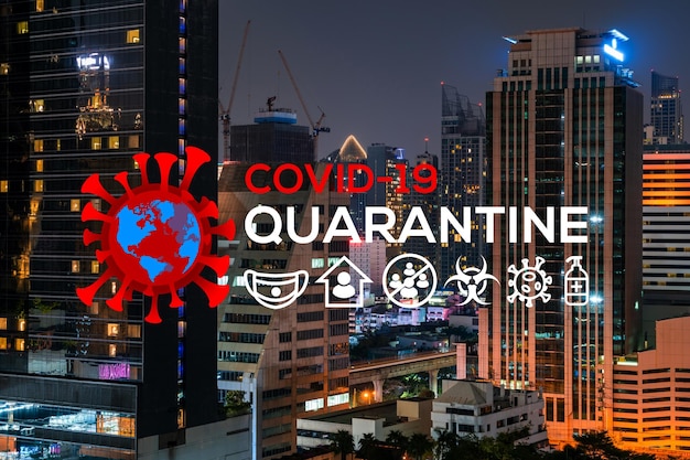 Coronavirus Thema Zeichnung über Großstadt Bangkok Stadtbild Nacht Moderne Stadtansicht COVID19 Selbstisolations- und Quarantänekonzept