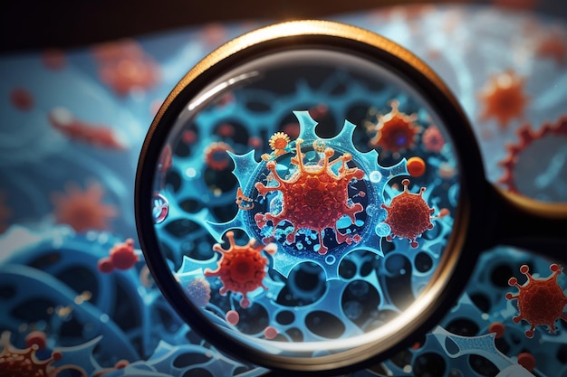 Coronavirus-Zellen schauen durch einen Lupenhintergrund