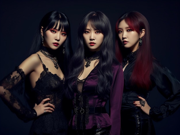 Corpo cheio de três belas garotas estrela kpop com combinações de cores roxas escuras Ai gerado