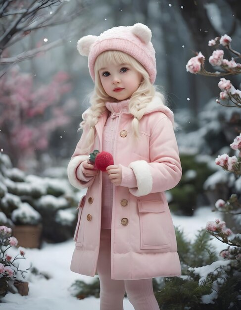 Foto corpo cheio de uma doçura realista bebé chibi garota inverno manchas duas tranças em sua longa loira branca