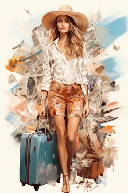 Corpo completo feliz hispânica mulher bonita de pé ao lado de uma mala e um avião ilustração colorida brilhante com contornos aquarela rostos expressivos
