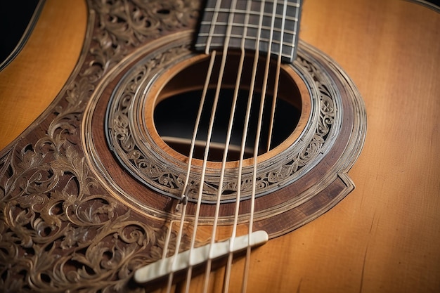 Corpo de uma velha guitarra acústica em close-up
