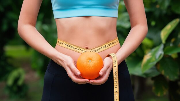 Foto corpo feminino de beleza com fita métrica e laranja estilo de vida saudável cocnept