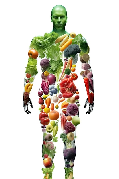 Corpo humano de vegetariano de frutas e legumes Conceito de alimentação saudável e vegetarianismo em fundo branco Ilustração generativa de IA