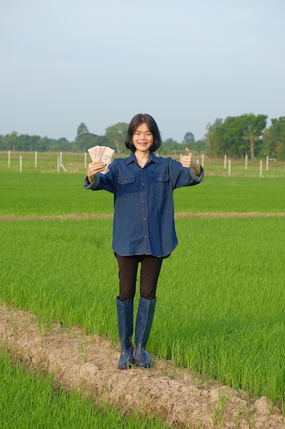 Corpo inteiro de uma agricultora asiática em pé e segurando um smartphone em uma fazenda de arroz verde