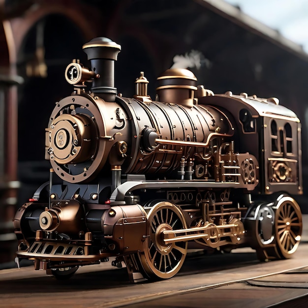 corpo metálico de uma locomotiva a vapor steampunk adornada com engrenagens e tubos intrincados