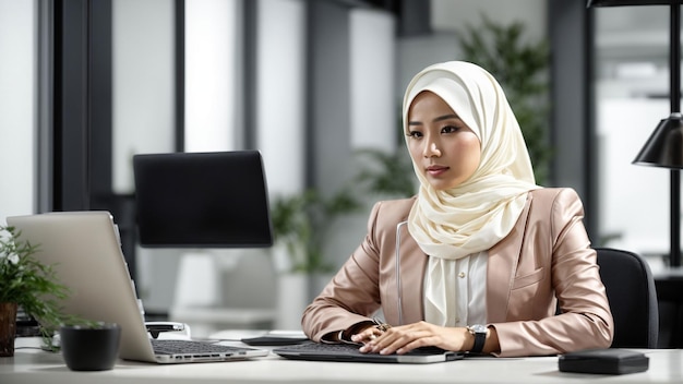 Corporate Harmony Erfassen Sie die Harmonie von Tradition und Modernität als asiatische Geschäftsfrau im Hijab