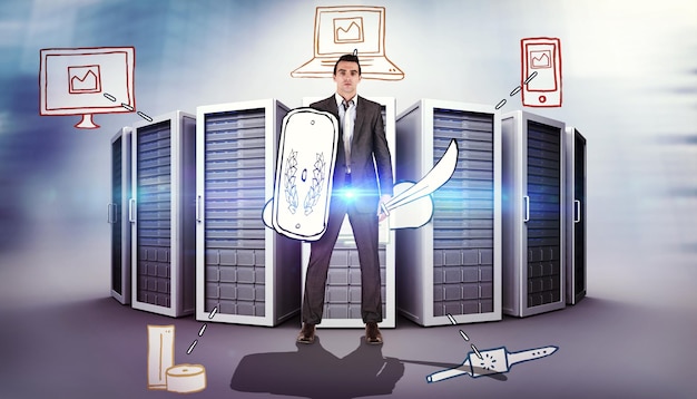 Corporate Warrior gegen das zusammengesetzte Bild des Cloud-Computing-Doodles