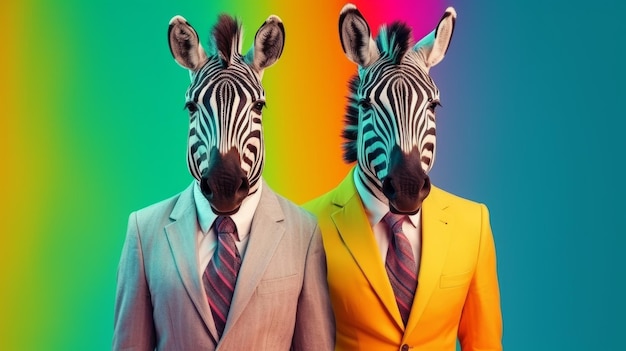 Corporate Zoo Animal Zebra-Profis in stilvoller Geschäftskleidung auf lebendigem Regenbogen