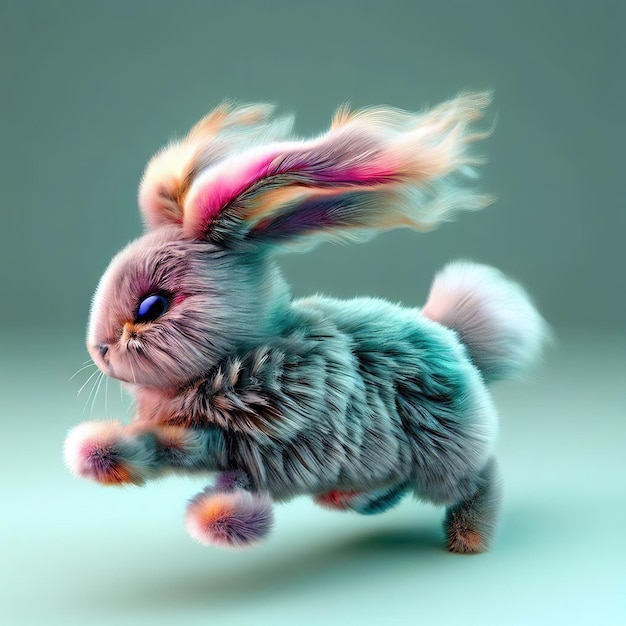 Corre un conejo de ojos azules y orejas rosadas.