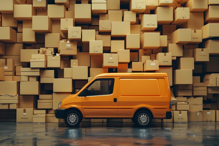 Correa transportadora en un almacén de distribución con una fila de paquetes de cajas de cartón