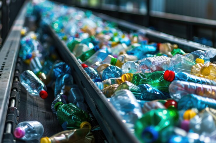 Correa transportadora en una instalación de reciclaje cargada con botellas de plástico multicolores que destacan los procesos de gestión de residuos industriales