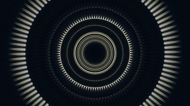 Corredor abstracto con anillos brillantes vista dentro de una nave espacial alienígena en la animación del espacio exterior
