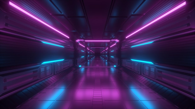 Corredor abstracto de tecnología de naves espaciales hecho de metal con reflejos de fondo 3D