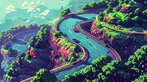 Un corredor de arcade de la vieja escuela pixelado carreteras de paisaje girando a través de colinas y árboles pixelados