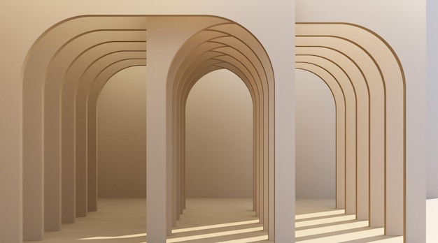 Corredor arquitectónico de arco marrón minimalista con pared vacía renderizado en 3D mínimo