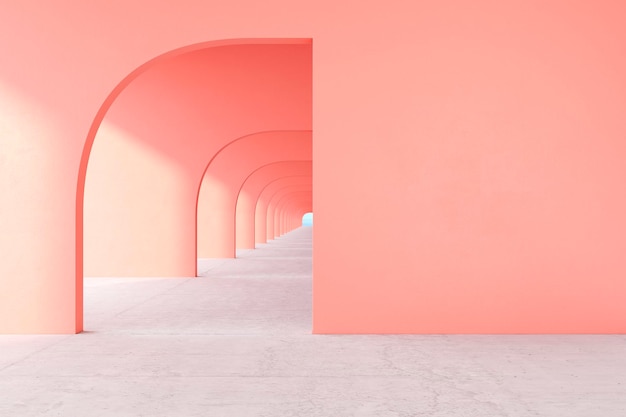 Corredor arquitectónico de color rosa coral con pared vacía piso de concreto horizonte línea 3d render ilustración maqueta