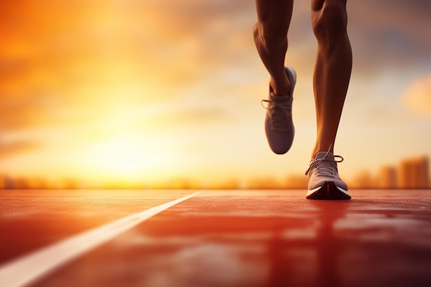 Corredor atleta corriendo al amanecer por el estadio