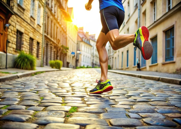 Foto corredor atleta corriendo en la calle de adoquines fitness jogging entrenamiento concepto de bienestar