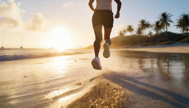 Corredor atleta corriendo en la playa al amanecer mujer fitness jogging entrenamiento concepto de bienestar