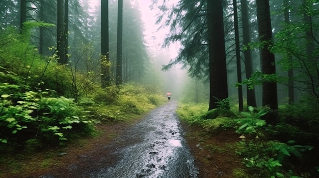 Corredor de atletas sendero forestal bajo la lluvia IA generativa