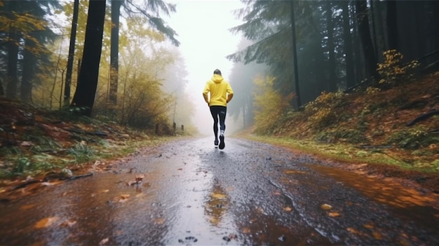 Corredor de atletas sendero forestal bajo la lluvia IA generativa