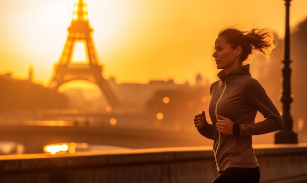 Un corredor atlético entrenando en París con la Torre Eiffel en el fondo
